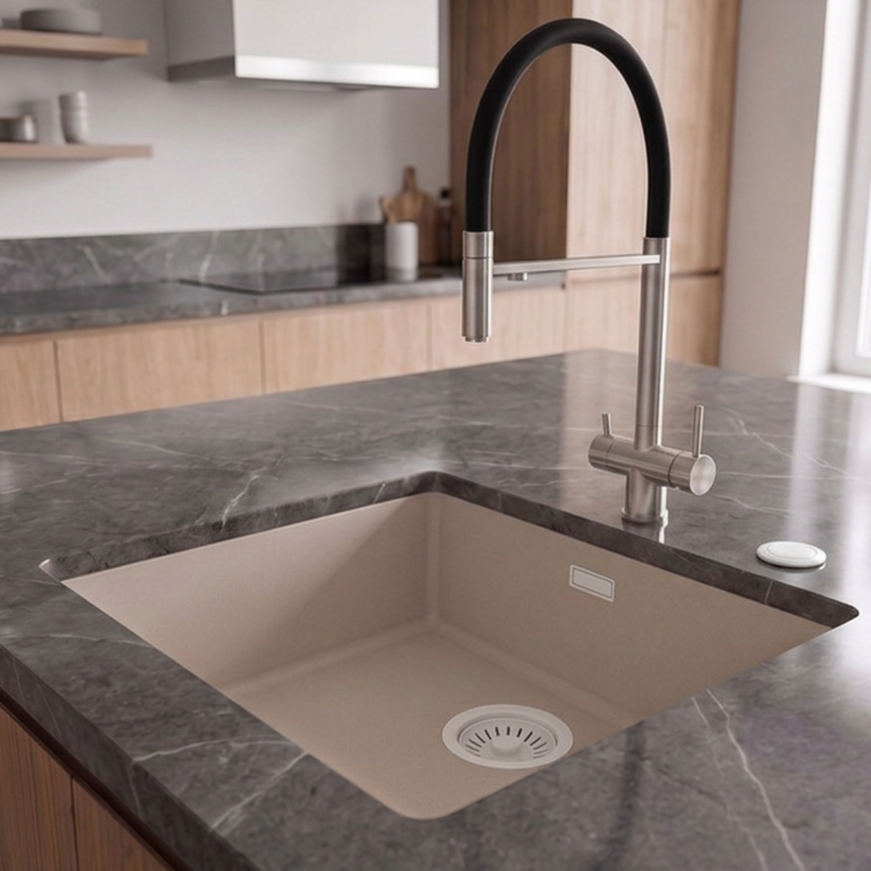Pure.Sink Eternal Quartz Coffee cream Sink 40x40 cm Undermount and Topmount with Automatic White Drain Plug