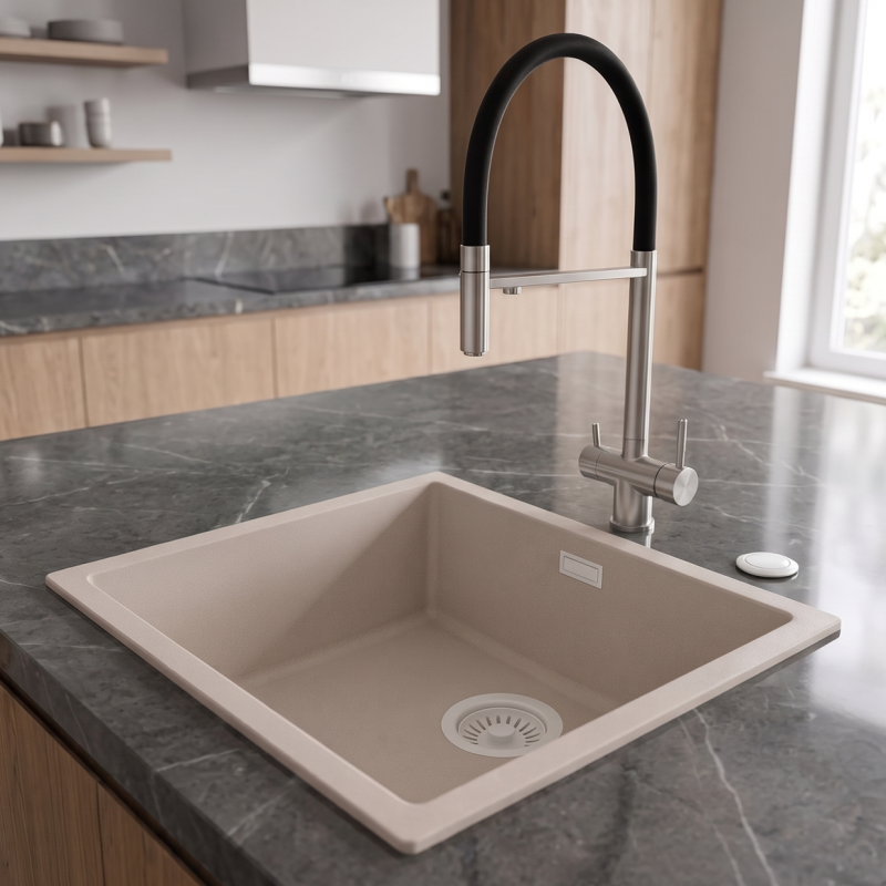 Pure.Sink Eternal Quartz Coffee cream Spoelbak 40x40 cm Onderbouw en Opbouw met Automatische Witte plug