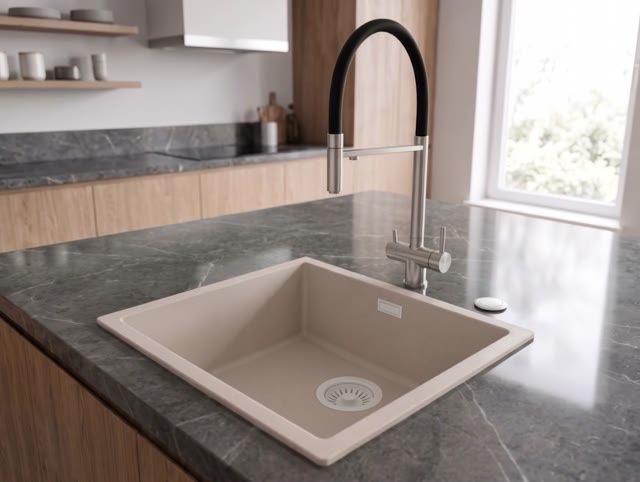 Pure.Sink Eternal Quartz Coffee cream Spoelbak 40x40 cm Onderbouw en Opbouw met Automatische Witte plug