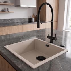 Pure.Sink Eternal Quartz Coffee Cream Sink, 40x40 cm, Under-mount and Over-mount with Automatic Black Plug