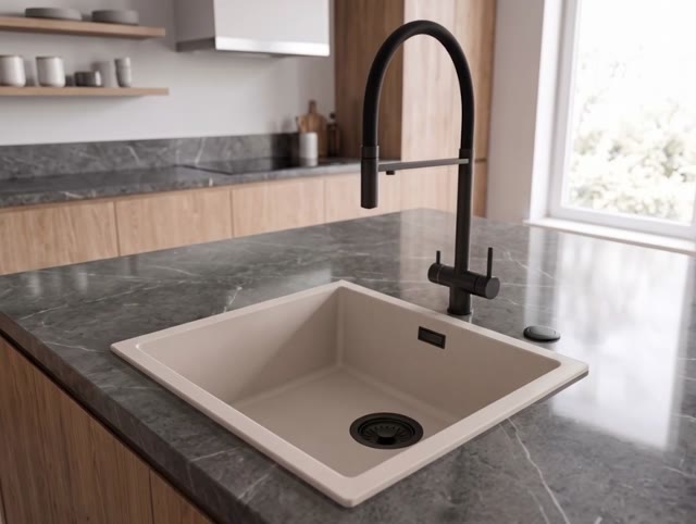 Pure.Sink Eternal Quartz Coffee cream Spoelbak 40x40 cm Onderbouw en Opbouw met Automatische Zwarte plug