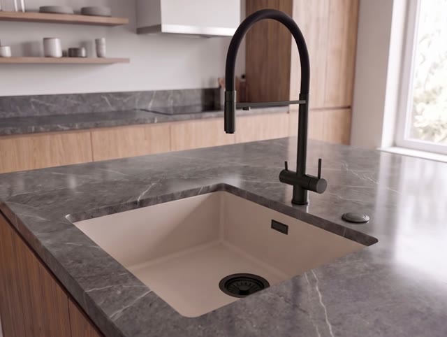 Pure.Sink Eternal Quartz Coffee cream Spoelbak 40x40 cm Onderbouw en Opbouw met Automatische Zwarte plug