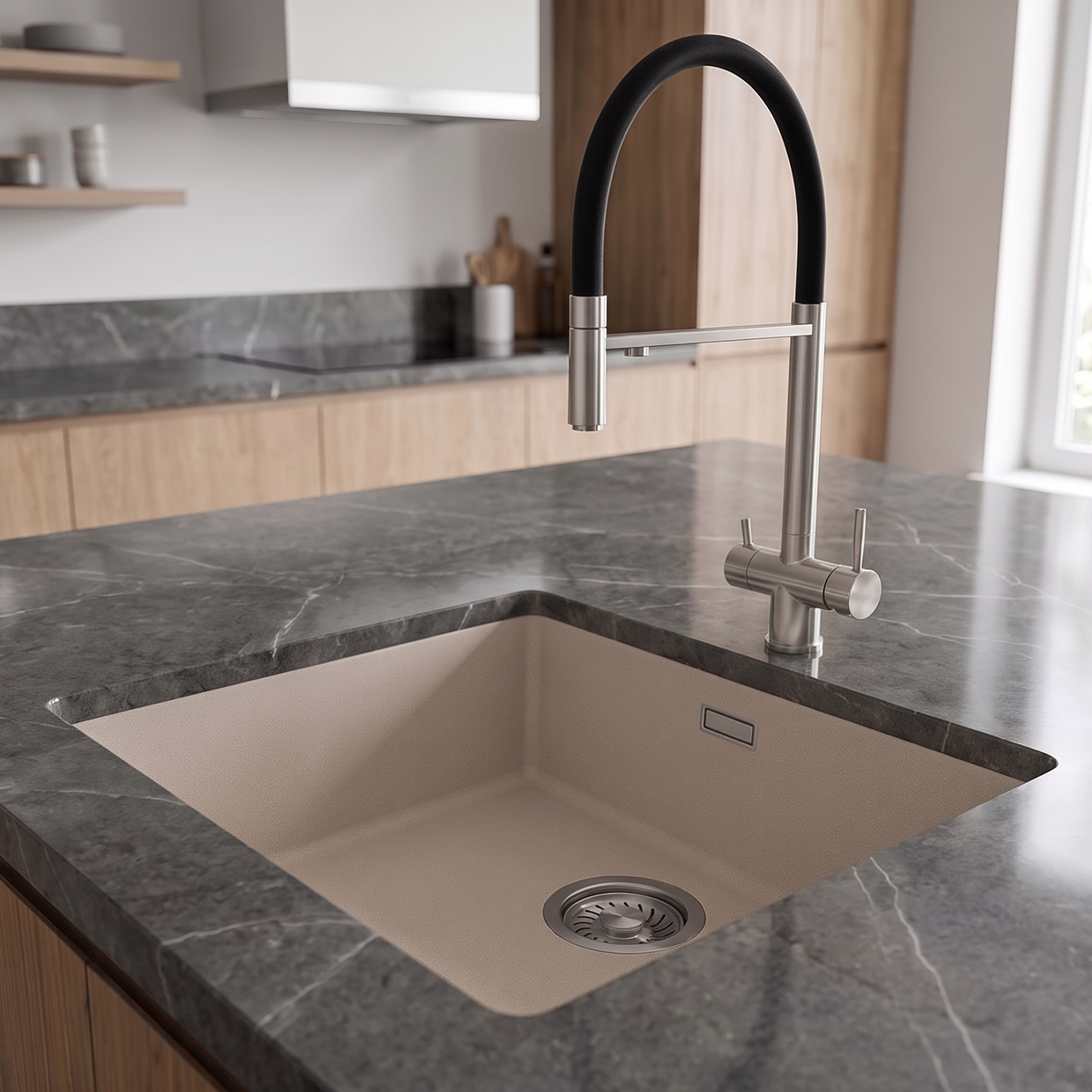 Pure.Sink Eternal Quartz Coffee cream Sink 40x40 cm Flush Mount and Undermount with Stainless Steel Plug
