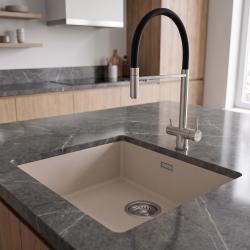 Pure.Sink Eternal Quartz Coffee Cream Sink, 40x40 cm, Flush-Mount and Under-Counter, with Stainless Steel Plug