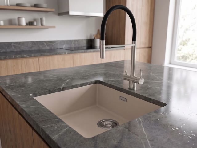 Pure.Sink Eternal Quartz Coffee cream Spoelbak 40x40 cm Vlakinbouw en Onderbouw met RVS plug