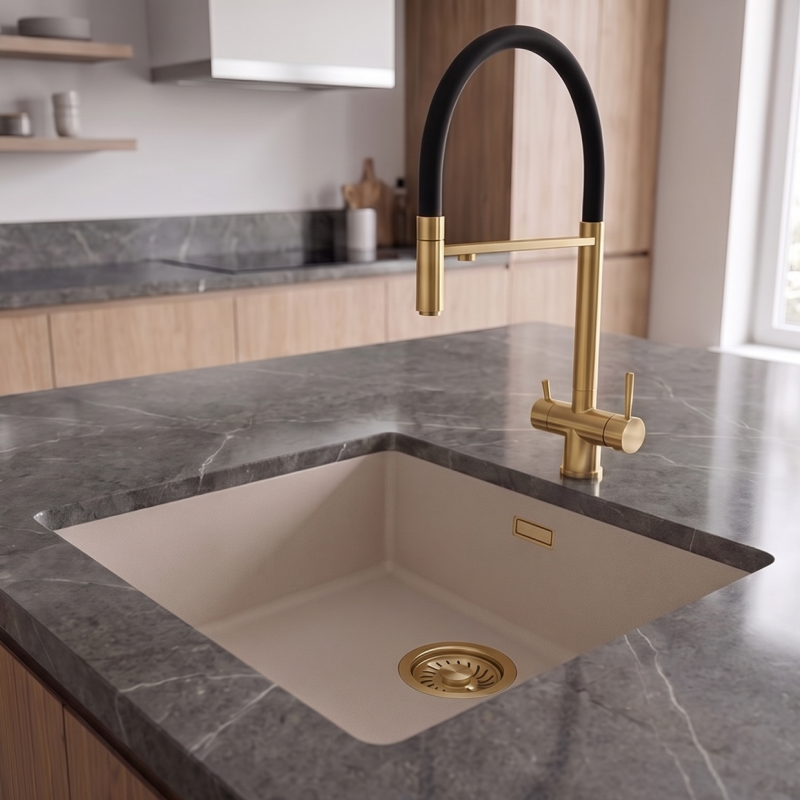 Pure.Sink Eternal Quartz Coffee cream Spoelbak 40x40 cm Vlakinbouw en Onderbouw met Gouden plug