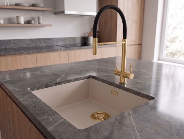 Pure.Sink Eternal Quartz Coffee cream Spoelbak 40x40 cm Vlakinbouw en Onderbouw met Gouden plug