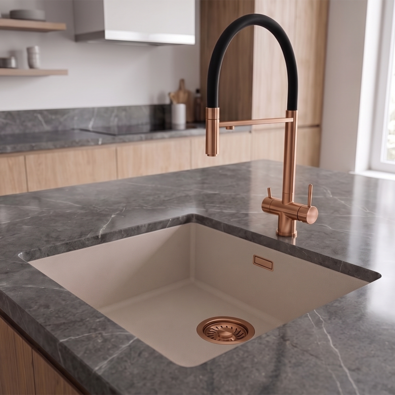 Pure.Sink Eternal Quartz Coffee cream Spoelbak 40x40 cm Vlakinbouw en Onderbouw met Koperen plug