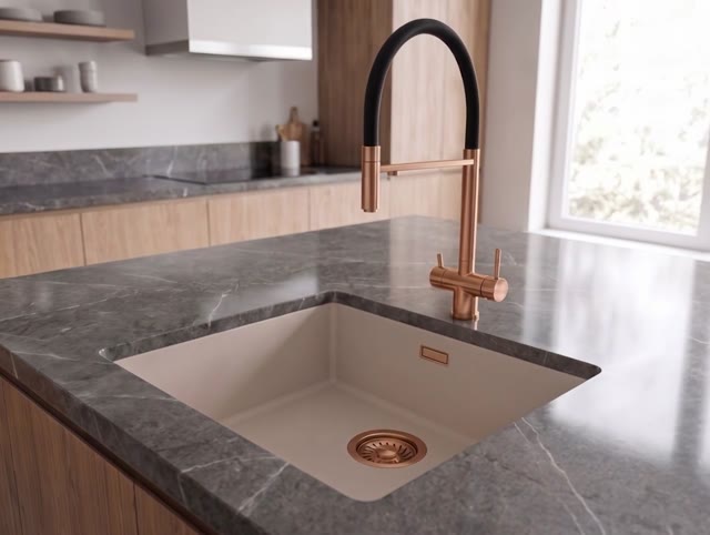 Pure.Sink Eternal Quartz Coffee cream Spoelbak 40x40 cm Vlakinbouw en Onderbouw met Koperen plug