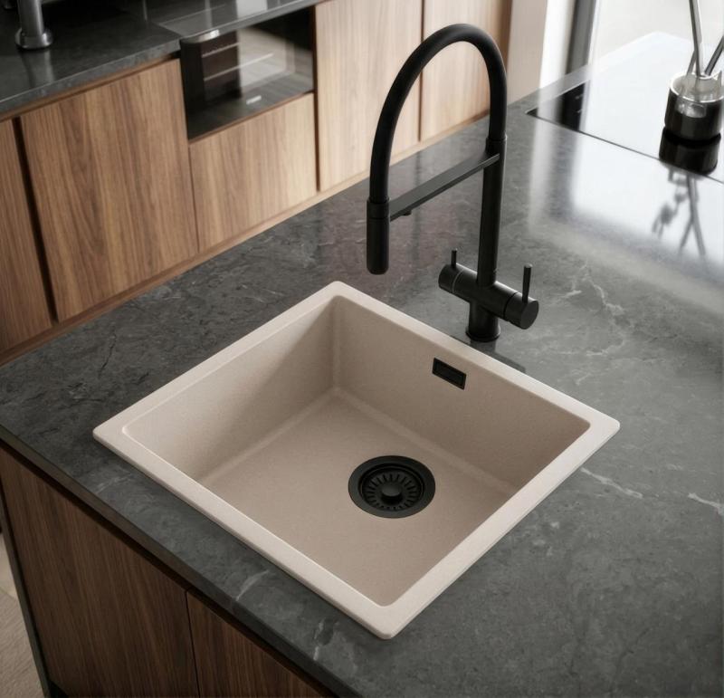 Pure.Sink Eternal Quartz Coffee cream Spoelbak 40x40 cm Vlakinbouw en Onderbouw met Zwarte plug