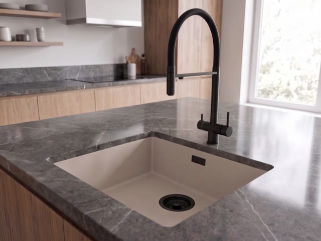Pure.Sink Eternal Quartz Coffee cream Spoelbak 40x40 cm Vlakinbouw en Onderbouw met Zwarte plug