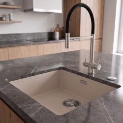 Pure.Sink Eternal Quartz Coffee Cream Sink, 40x40 cm, Flush-Mount and Under-Counter Models with Automatic Stainless Steel Stopper