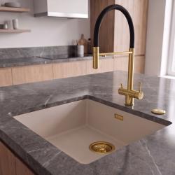 Pure.Sink Eternal Quartz Coffee Cream Sink, 40x40 cm, Flush-Mount and Under-Counter, with Automatic Gold Plug