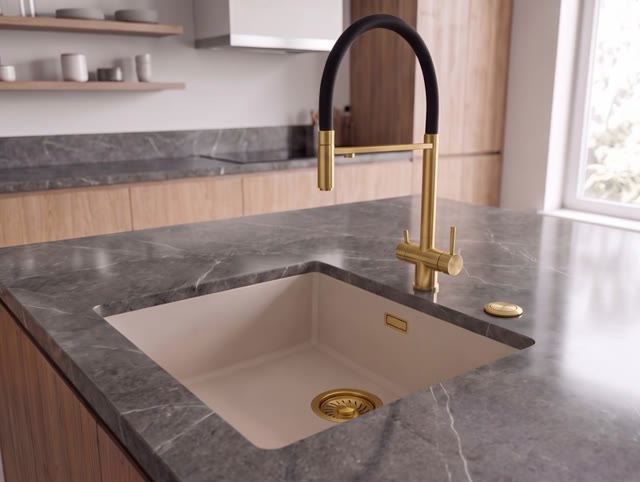Pure.Sink Eternal Quartz Coffee cream Spoelbak 40x40 cm Vlakinbouw en Onderbouw met Automatische Gouden plug