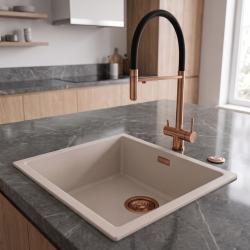 Pure.Sink Eternal Quartz Coffee Cream Sink, 40x40 cm, Flush-Mount and Under-Counter, with Automatic Copper Plug
