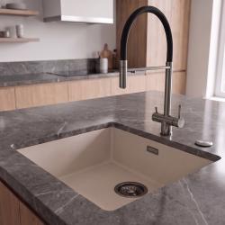 Pure.Sink Eternal Quartz Coffee Cream Sink, 40x40 cm, Flush-Mount and Under-Mount, with Automatic Plug Gun metal 