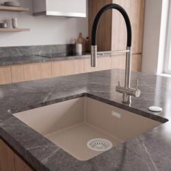 Pure.Sink Eternal Quartz Coffee Cream Sink, 40x40 cm, Flush-Mount and Under-Counter, with Automatic White Plug