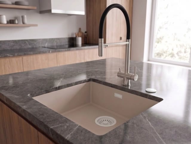 Pure.Sink Eternal Quartz Coffee cream Spoelbak 40x40 cm Vlakinbouw en Onderbouw met Automatische Witte plug
