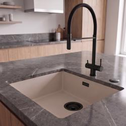 Pure.Sink Eternal Quartz Coffee Cream Sink, 40x40 cm, Flush-Mount and Under-Counter, with Automatic Black Plug