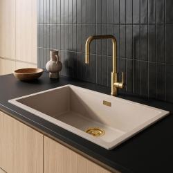 Pure.Sink Eternal Quartz Coffee Cream Sink, 70x40 cm, Under-mount and Over-mount with Gold Plug