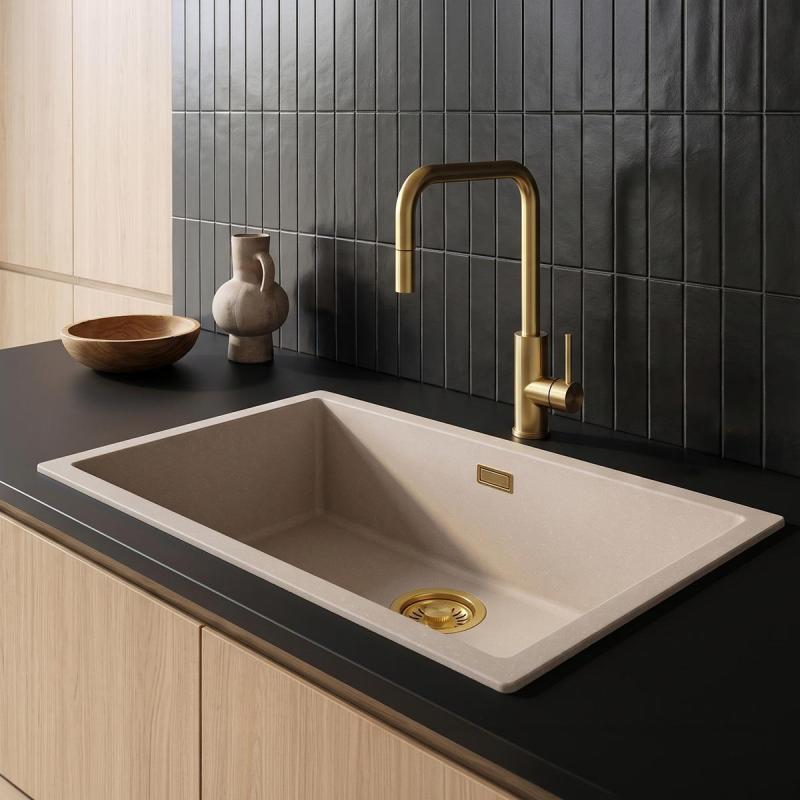 Pure.Sink Eternal Quartz Coffee cream Spoelbak 70x40 cm Onderbouw en Opbouw met Gouden plug