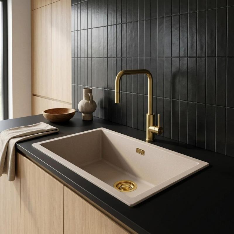 Pure.Sink Eternal Quartz Coffee cream Spoelbak 70x40 cm Onderbouw en Opbouw met Gouden plug