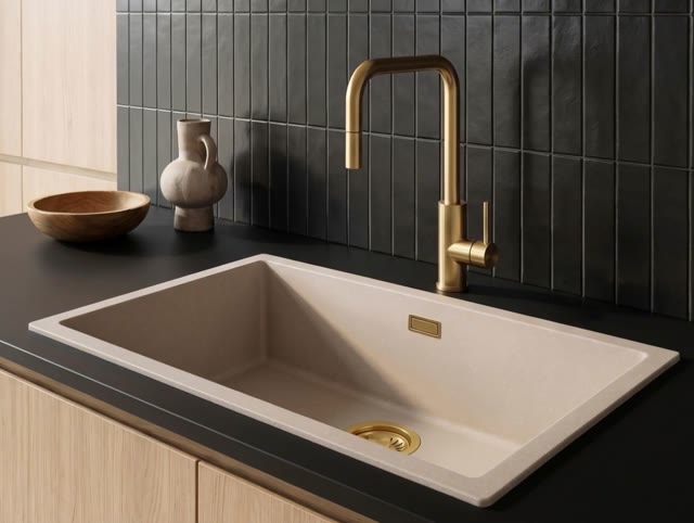 Pure.Sink Eternal Quartz Coffee cream Spoelbak 70x40 cm Onderbouw en Opbouw met Gouden plug