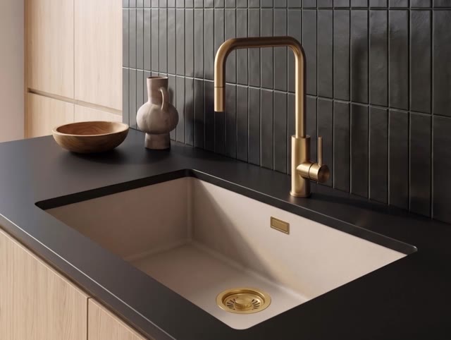 Pure.Sink Eternal Quartz Coffee cream Spoelbak 70x40 cm Onderbouw en Opbouw met Gouden plug