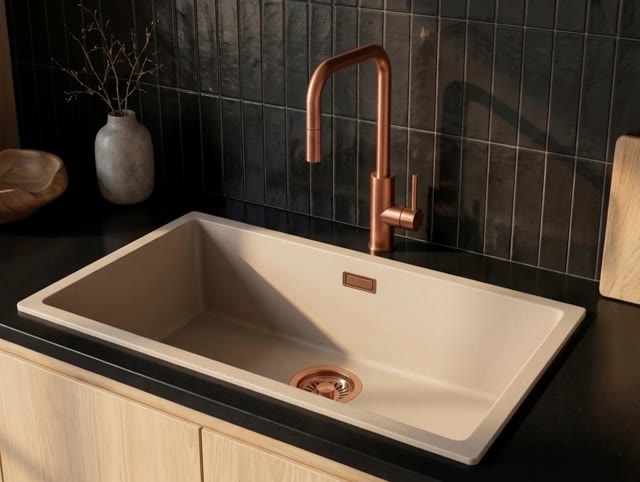Pure.Sink Eternal Quartz Coffee cream Spoelbak 70x40 cm Onderbouw en Opbouw met Koperen plug