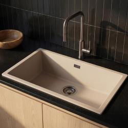 Pure.Sink Eternal Quartz Coffee cream Spoelbak 70x40 cm Onderbouw en Opbouw met Gun metal plug