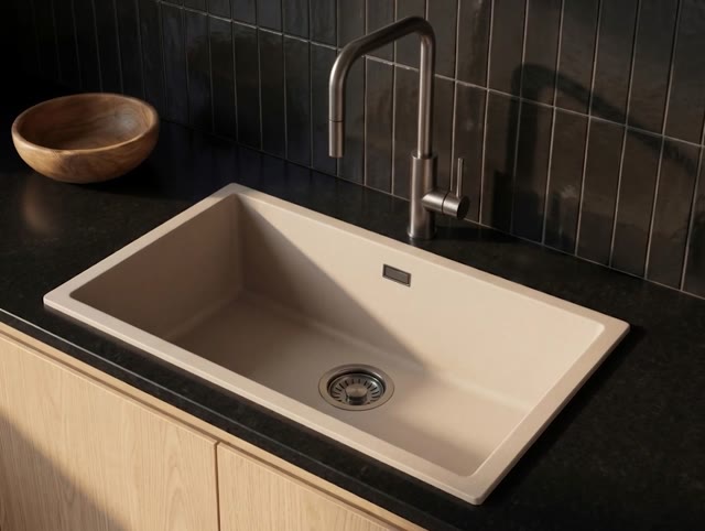 Pure.Sink Eternal Quartz Coffee cream Spoelbak 70x40 cm Onderbouw en Opbouw met Gun metal plug
