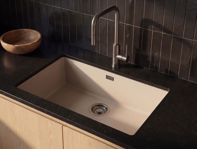Pure.Sink Eternal Quartz Coffee cream Spoelbak 70x40 cm Onderbouw en Opbouw met Gun metal plug