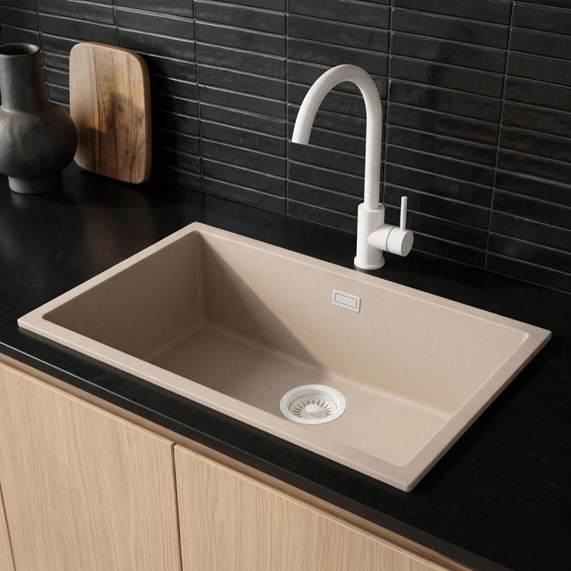 Pure.Sink Eternal Quartz Coffee cream Spoelbak 70x40 cm Onderbouw en Opbouw met Witte plug