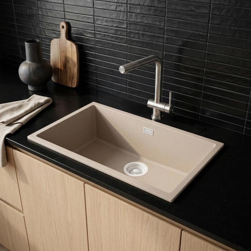 Pure.Sink Eternal Quartz Coffee cream Spoelbak 70x40 cm Onderbouw en Opbouw met Witte plug