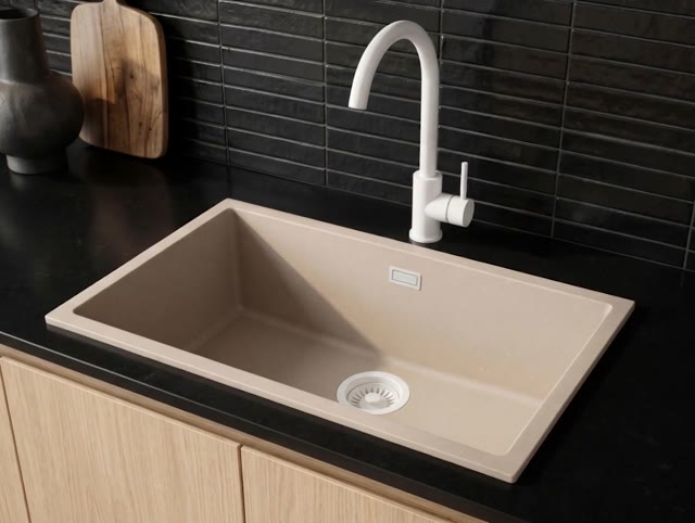 Pure.Sink Eternal Quartz Coffee cream Spoelbak 70x40 cm Onderbouw en Opbouw met Witte plug