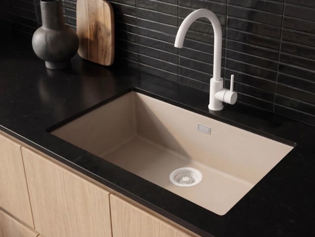 Pure.Sink Eternal Quartz Coffee cream Spoelbak 70x40 cm Onderbouw en Opbouw met Witte plug