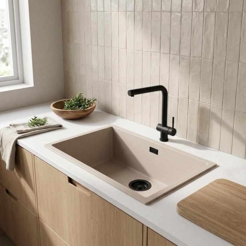Pure.Sink Eternal Quartz Coffee cream Spoelbak 70x40 cm Onderbouw en Opbouw met Zwarte plug
