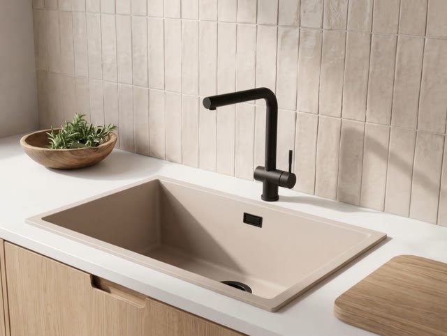 Pure.Sink Eternal Quartz Coffee cream Spoelbak 70x40 cm Onderbouw en Opbouw met Zwarte plug