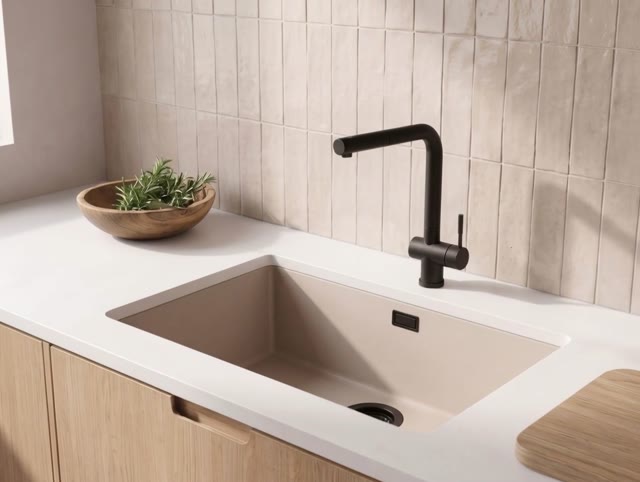 Pure.Sink Eternal Quartz Coffee cream Spoelbak 70x40 cm Onderbouw en Opbouw met Zwarte plug