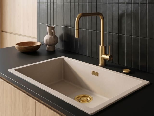 Pure.Sink Eternal Quartz Coffee cream Spoelbak 70x40 cm Onderbouw en Opbouw met Automatische  Gouden plug