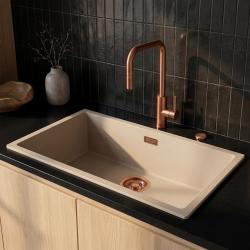 Pure.Sink Eternal Quartz Coffee cream Spoelbak 70x40 cm Onderbouw en Opbouw met Automatische Koperen plug