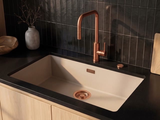 Pure.Sink Eternal Quartz Coffee cream Spoelbak 70x40 cm Onderbouw en Opbouw met Automatische Koperen plug