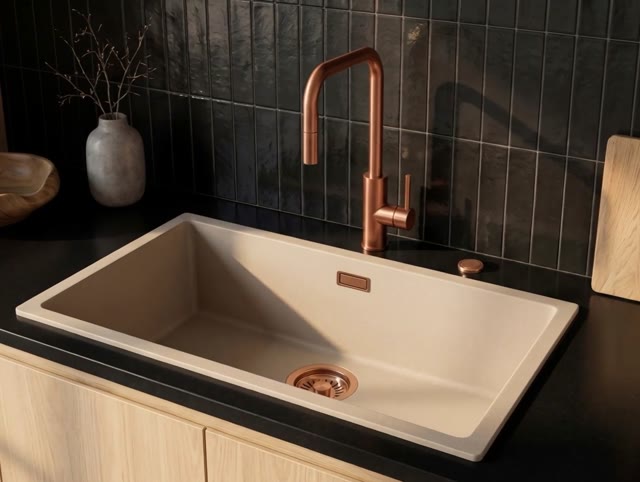 Pure.Sink Eternal Quartz Coffee cream Spoelbak 70x40 cm Onderbouw en Opbouw met Automatische Koperen plug
