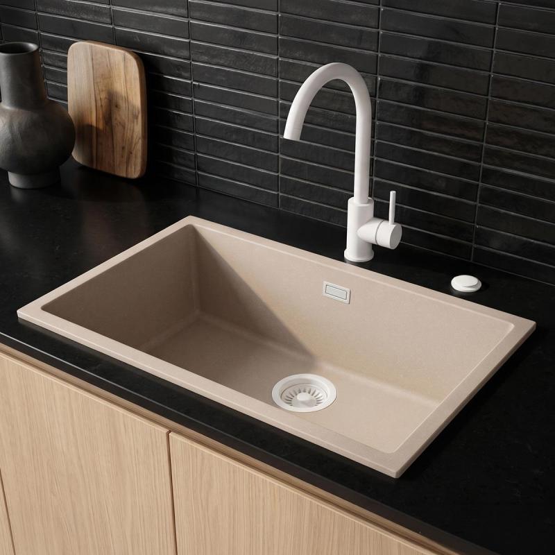 Pure.Sink Eternal Quartz Coffee cream Spoelbak 70x40 cm Onderbouw en Opbouw met Automatische Witte plug