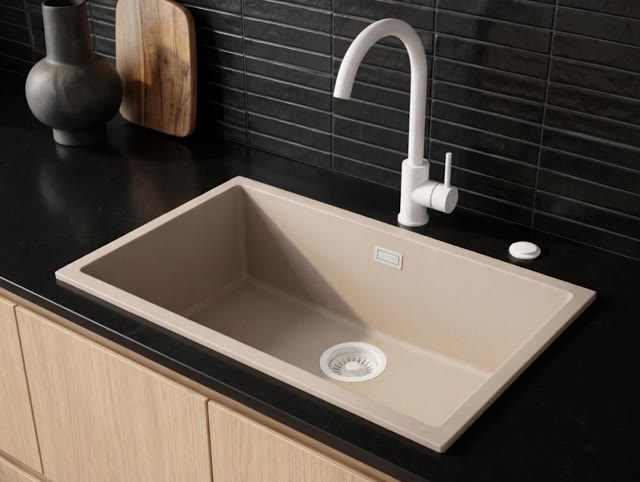 Pure.Sink Eternal Quartz Coffee cream Spoelbak 70x40 cm Onderbouw en Opbouw met Automatische Witte plug
