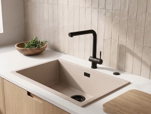 Pure.Sink Eternal Quartz Coffee cream Spoelbak 70x40 cm Onderbouw en Opbouw met Automatische Zwarte plug
