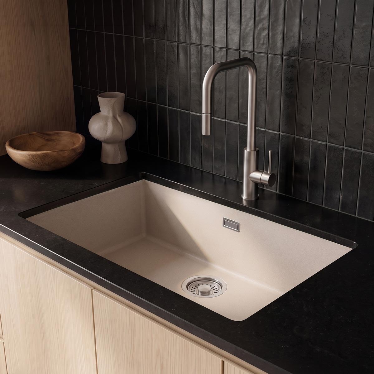 Pure.Sink Eternal Quartz Coffee cream Sink 70x40 cm Flush Mount and Undermount with Stainless Steel Waste