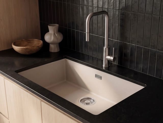 Pure.Sink Eternal Quartz Coffee cream Spoelbak 70x40 cm Vlakinbouw en Onderbouw met RVS plug