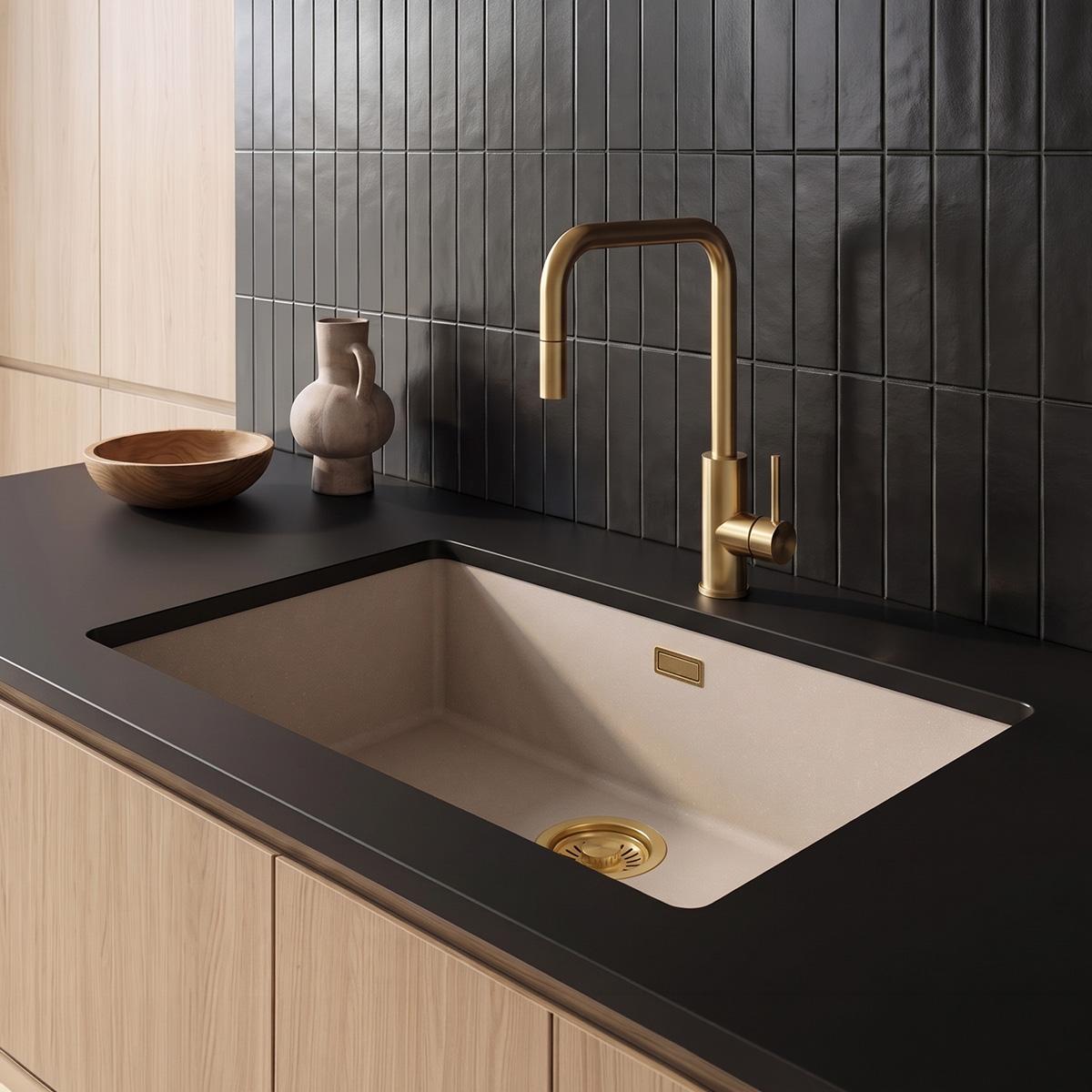 Pure.Sink Eternal Quartz Coffee cream Sink 70x40 cm Flush Mount and Undermount with Gold Drain