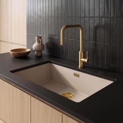 Pure.Sink Eternal Quartz Coffee cream Spoelbak 70x40 cm Vlakinbouw en Onderbouw met Gouden plug